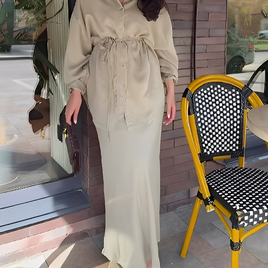 Elegancki komplet z koszulą wiązaną w talii i długą spódnicą